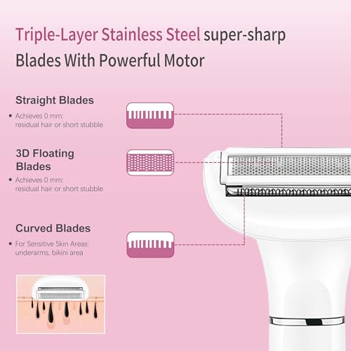 Electric Razors for Women, 3-in-1 Bikini Trimmer for Women with Nose Hair Trimmer & Eyebrow Razor, IPX5 Waterproof Cordless Rechargeable Womens Electric Shaver for Face Legs Armpits Pubic Hair Removal