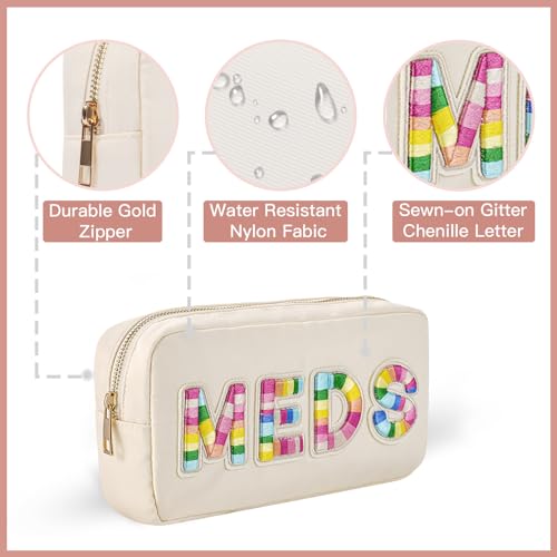 uekeboag 2Pcs Personalized Nylon Rx MEDS Cosmetic Bag, Cute Chenille Letter Patch Medicine Drug Pouch with Zipper,Preppy Makeup Travel Vitamin Bag for Women and Girls (RX+MEDS)