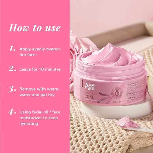 ANAI RUI Rose Facial Mask, Deep Cleansing, Clay Mask with Kaolin Pink Clay, Gifts for Women, Niacinamide, Collagen, Hyaluronic Acid for Moisturizing & Smooth Skin, Pores Minimizers, 4.23 Oz