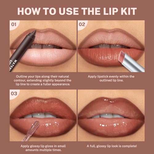 Noerrors 3Pcs Lip Combo Set, Lip Kit with Brown Plumping Lip Liner & Nourishing Lipstick & Nude Glossy Lip Gloss, Long-Lasting, Lightweight, Non-Sticky, Juicy Nude Pink Lip Contour Trio Set for Women