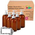 16 oz Empty Refillable Plastic Pump Bottles Dispenser 6 Pk PET, BPA Free Refillable Containers Shampoo Lotion Oil Liquid Soap Labels USA (Amber/Brown, White Pumps, Damask Labels)