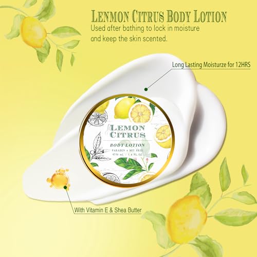 Bath Gift Set, Lemon Citrus Spa Gift Basket for Women, Includes Shower Gel, Bubble Bath, Body Lotion, Bath Frizzes 8 Pcs, Great Gift Idea for Her Birthday