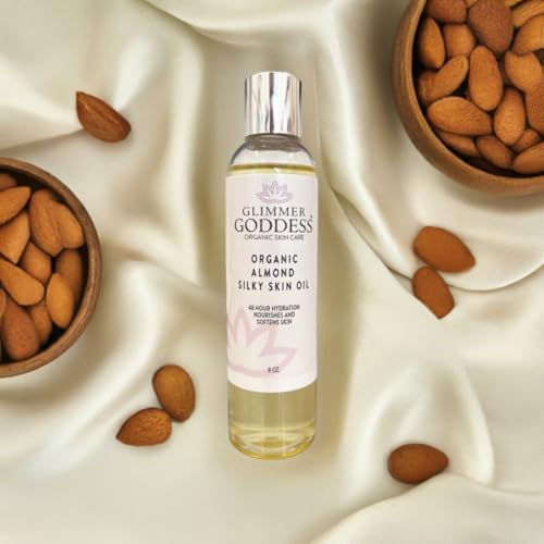 GLIMMER GODDESS Organic Sweet Almond Silky Skin Oil - Moisturizing Dry Skin, 48 Hour Hydration, Unisex 8 oz.