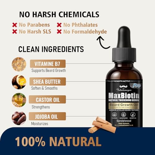 Biotin Beard Growth Kit for Men with Conditioning Oil and 0.25mm Massager Roller, Sandalwood Serum with Castor and Jojoba Oil, Grooming Softer Thicker Healthier-Looking Mustache Beard Care