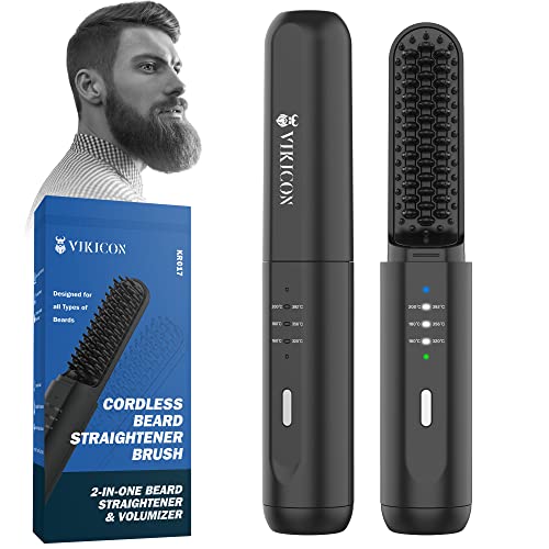 VIKICON Father's Day Gift Set for Men with Beard Hair Straightener & Heat Protectant Spray, Mini & Auto Shut Off Cordless Beard Brush