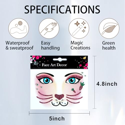 Totelux Easter Rabbit Face Tattoos Glitter Bunny Tattoos Cute Face Stickers with Gems Eye Body Fake Temporary Tattoo for Adult kids Makeup Easter Party Decoration Supplies