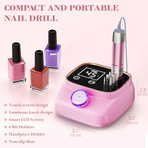 Electric Nail Drill 45000 RPM, Professional Rechargeable Nail File Kit, Nail Drill Machine, Nail Grinder, Acrylic Nail Kit for Any Manicure, Pedicure, Gel Polishing Removing, Pink
