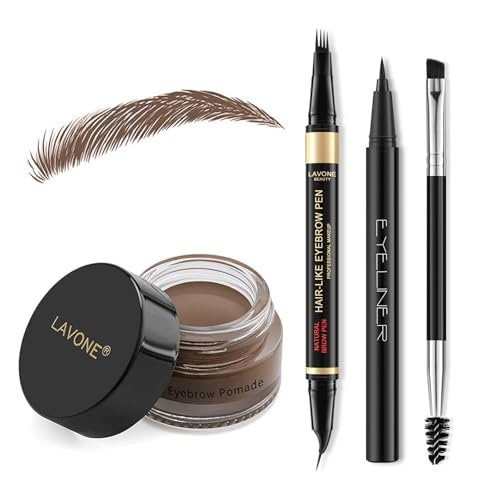LAVONE Eyebrow Pen Kit, with 2 in 1 Waterproof 4 Tip Curved Eyebrow Pencil, Eyebrow Pomade, Eyeliner and Dual-ended Eyebrow Brush - 05 Dark Brown