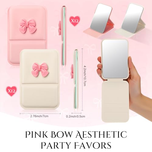 Amyhill 24 Pcs Party Favor Compact Fold Mini Mirror Preppy Bow Gift for Women Birthday Bridal Shower Bachelorette Graduation Party Supplies (Folding,Beige and Pink)