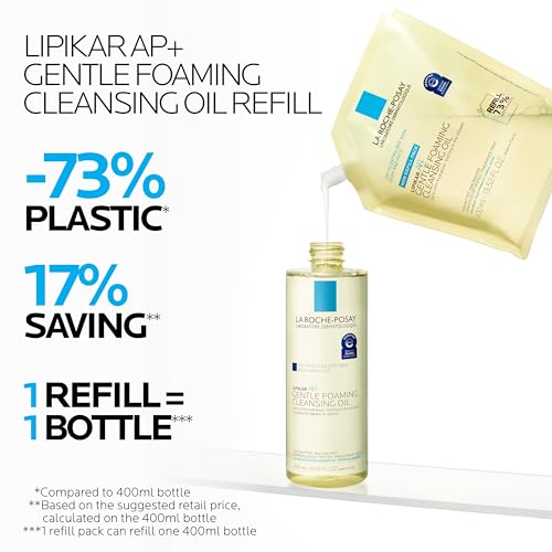 Bundle of La Roche-Posay Lipikar AP+ Gentle Foaming Cleansing Oil 400ML + Refill, Gentle Oil Cleanser for Face and Body Formulated with Niacinamide, Long-Lasting 24-hour Hydration