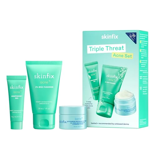 Skinfix Triple Threat Set - Includes Mini 2% BHA Cleanser (1 fl oz), Mini Adapinoid Gel (0.23 fl oz), and Mini Skin Barrier Restoring Gel Cream (0.5 fl oz) - Fragrance Free, Vegan, Cruelty Free