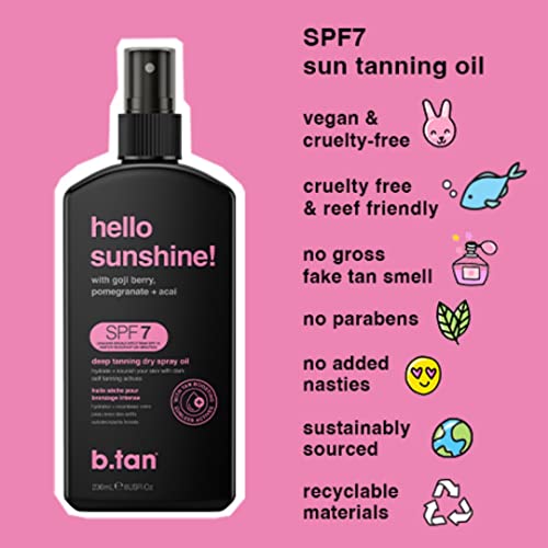 b.tan SPF 7 Tanning Oil | Hello Sunshine - Deep Suntan Dry Spray, Best Outdoor Browning Body Mist, Packed with Moisturizing Goji Berry, Pomegranate + A?ai, Austrailian Brand, 8 Fl Oz