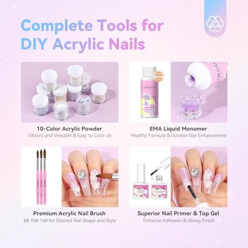 Saviland Acrylic Nail Kit with Everything: 10 Colors Acrylic Powder Clear Liquid Monomer 48W Nail Lamp 20000RPM Nail Drill Complete Tools Home Manicurist Nail Extensions