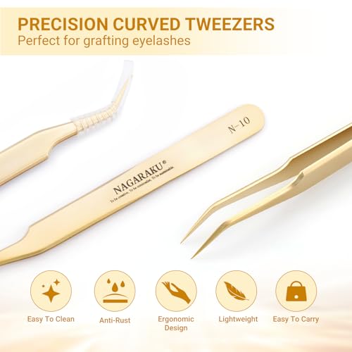 NAGARAKU Tweezers for Eyelash Extensions Curved Lash Tweezers for Volume Lashes Precision Pinzas Professional Easy Fanning Stainless Steel Precise Pointy Make Fans for Lashes Fanning(N-10)