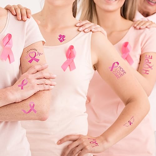 Breast Cancer Tattoos, 10 Sheets 68 Pcs Pink Ribbon Breast Cancer Awareness Temporary Tattoos for Face Arms and Hands, 4.7" x 2.7" Breast Cancer Face Tattoos for Walks Runs Fundraising Events