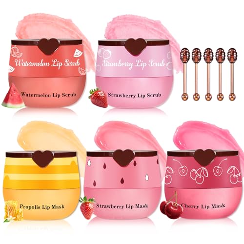 5PCS Lip Scrub and Mask Set,Cherry Strawberry and Honey Pot Lip Balm,2PCS Lip Exfoliator Scrub and Moisturizer,Clean and Repair,Reduce Fine Lines,Natural Ingredients,Cruelty Free