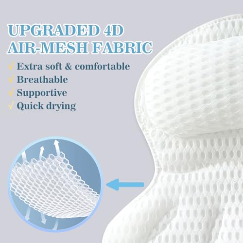 Bath Pillow Luxury Bathtub Pillow - Bath Pillows for Tub Neck and Back Support, Ergonomic Tub Pillow for Bath with 4D Air Mesh + 6 Strong Suction Cups, Great Spa Gifts Bathtub Accessories