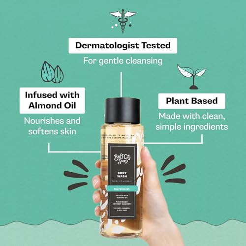 Buff City Soap Plant-Based Body Wash - Coconut Cleansers & Almond Oil Infused. Gentle & Rich Non-Drying Lather. Helps Reduce Moisture Loss & Supports Natural Skin Barrier - Narcissist, 12 floz