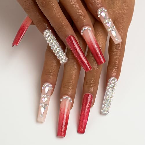Luxury Ombre Red Glitter Gems Handmade Press On Nails,Long Square Glue On Nails,Glitter Full Covered Gems Charming False Nails For Women And Girls,10Pcs/Set With Glue,(Red-M),FOB