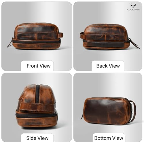 Leather Toiletry Bag ? Full Grain Cowhide, Travel Kit with Brass Zipper & Wax Thread Stitching Capacity 1L