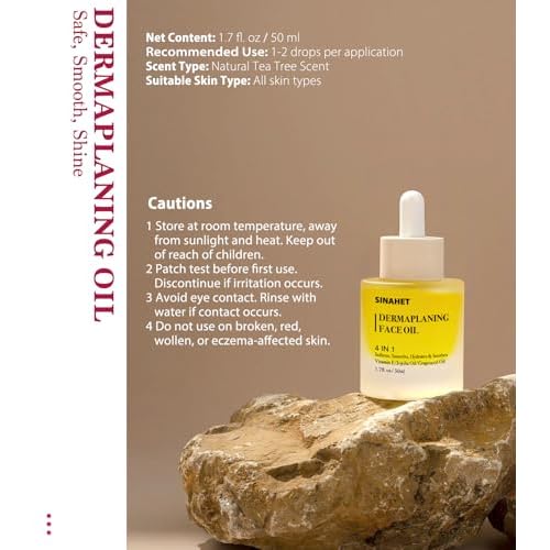 SINAHET Dermaplaning Oil, Natural Moisturizing Shave for Face & Body Hair, Skin Soothing oil made with essence of Jojoba, Vitamin E, Tea Tree, and Grape Seed (1.7fl. oz/50ml)