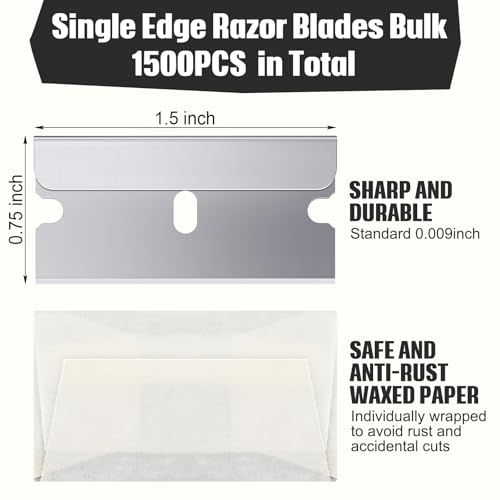 Lasnten 1500 Pcs Single Edge Razor Blades, Industrial Scraper Razor Blades Safety Straight Edge Replacement Box Cutter Blade for Glass Paint Scraper, Removing Labels, Decals, Stickers