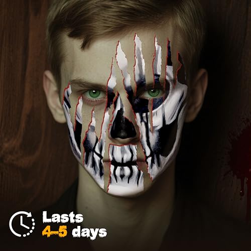 4 Sheets Halloween Tattoos, Horror Halloween Face Temporary Tattoos, Waterproof Fake Skeleton Zombie Face Tattoos Stickers Make Up Accessories for Carnival Makeup Halloween Masquerade