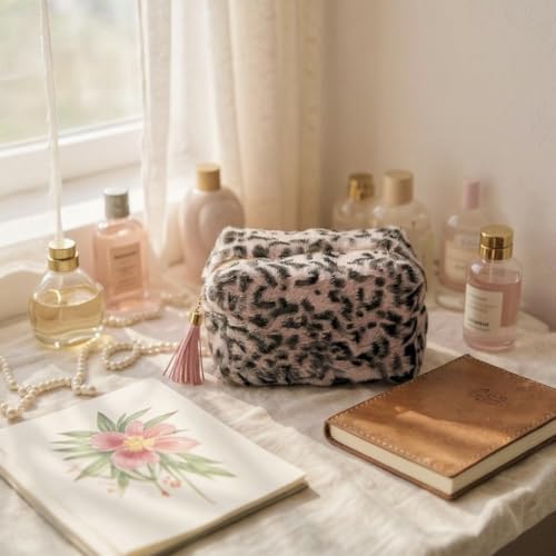 Tristan Home Plush Leopard Print Cosmetic/Toiletry Bag with Brown Tassel, Faux Fur Makeup Pouch, Small Handbag, Gold Zipper, Medium (Pink)