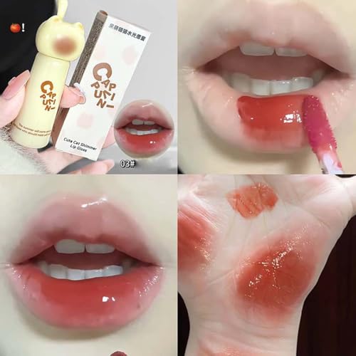 4Pcs Hydrating Lipgloss Set,Cute Cat Jelly Lip Glaze,Moisturizing Lip Stain Plumping Water Lip Gloss,Lasting Waterproof Juicy Lipstick Lip Tint,Glossy Finish