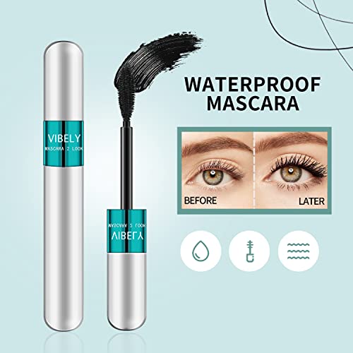 2 in 1 Mascara 5x Longer Waterproof Lash Cosmetics Natural Lengthening and Thickening Effect No Clumping Superstrong Magic 4d Silk Fiber for Vibely Mascara Makeup