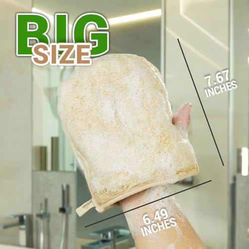 Premium Vietnamese Natural Loofah Gloves ? Exfoliating Body Scrubber Mitts with Thumb Holes, Easy Grip Design, for Men & Women, Shower & Bath (Pack of 2)