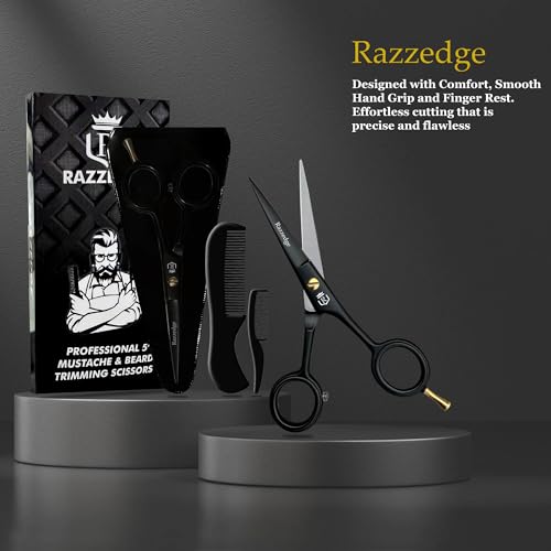 5" Professional Mustache & Beard Scissors With 1 Beard, 1 Mustache Comb & Travel Pouch, Stainless Steel Black Mustache & Beard Trimming Scissors for Men Facial Hair and Grooming.