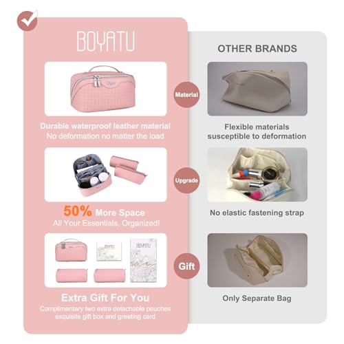 BOYATU Travel Makeup Bag Cosmetic Bags for Women: Large Capacity 3 Pcs Set Make up Bag with Compartments - Waterproof Vegan Leather Toiletry Organizer Bags with Handle (L17 Pink)