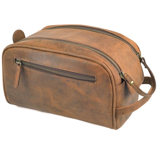 Rasavi Genuine Leather Travel Toiletry Bag, Handcrafted Vintage Water-Resistance Dopp Kit, Large Shaving & Bathroom Organizer - Gift for Men & Women - Distressed Brown