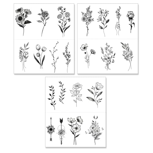 One Grace Medium Black Flower Temporary Tattoos - Realistic Long Lasting Waterproof Tattoos - Floral Bouquet Wild Plants and Branch Tattoos for Women and Men