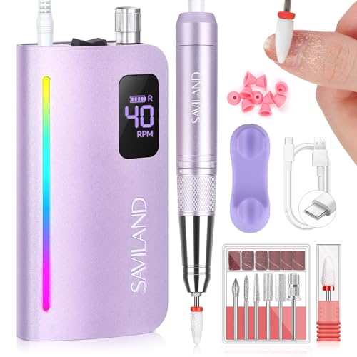 SAVILAND Advance Nail Drill Professional: 40000 RPM Powerful Torque Electric Nail File Low Vibration with Rainbow Light 15H Long Battery Life Coreless Motor Quiet for Quick Acrylic Removal PRO Salon