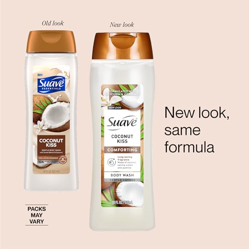 Suave Moisturizing Body Wash Women, Coconut Kiss with Vitamin E and Aloe Extracts, No Parabens, No Phthalates, 18 Oz (Pack of 6)