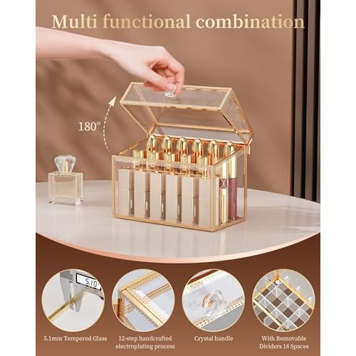 Lipstick Organizer,Luxury Tempered Glass Lipstick Holder & Nail Polish Organizer, 18-Slot Vanity Cosmetic Organizer with Removable Dividers, Gold