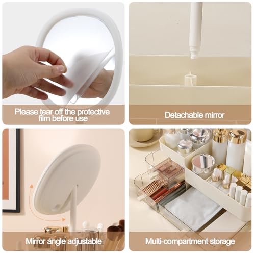 DASITON Makeup Organizer with Rechargeable Mirror and 3 Drawers,Skincare and Cosmetics Organizer Countertop,Makeup Brush Holder,Large Cosmetic Display Case for Vanity,Desk,Bathroom,Bedroom(Cream)