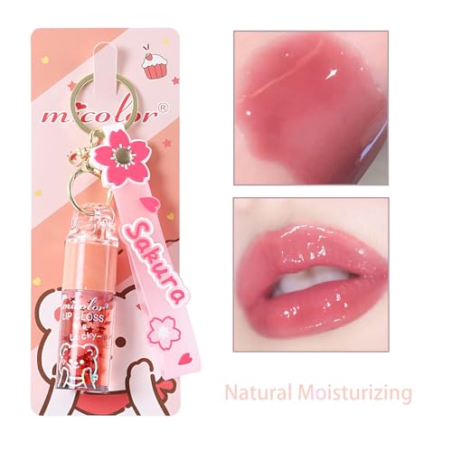 3 Colors Hydrating Lip Gloss Set, Glossy Shimmer High Shine Glass Finish Lipgloss Natural Moisturizing, Lip Make-Up for Women Party Gift Sakura Keychain Design