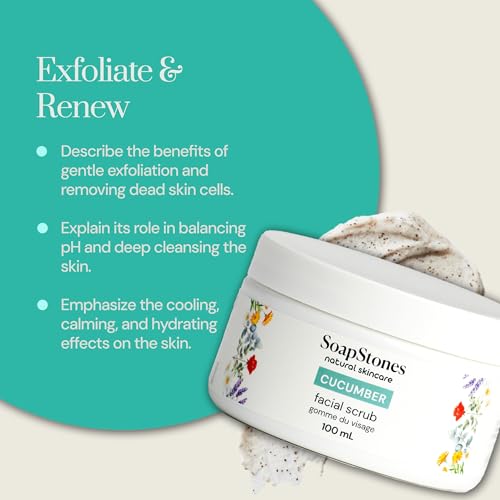 Soapstones Cucumber Facial Scrub - 100ml - Sugar and Jojoba Beads Exfoliating Face Scrub with Safflower Seed Oil to Remove Buildup and Renew Skin - Suitable for All Skin Types