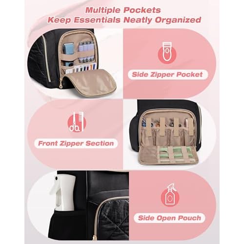 Insulated Hairstylist Travel Bag Backpack with Detachable Dividers and Multiple Pockets, Quilted Hair Tool Travel Bag with Multiple Pockets for Hairstylist and Barber, Black