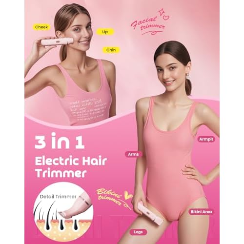 Bikini Trimmer for Women, Dovety 3 in 1 Painless Electric Razors for Women, Rechargeable Pubic Hair Trimmer Electric Shaver for Legs Body Facial Hair, IPX7 Waterproof, Ceramic Blade, USB Charge Dock