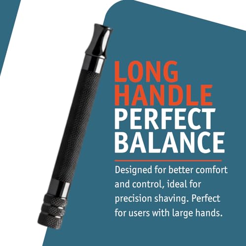 MERKUR 23B Double Edge Safety Razor - Black Long Knurled Brass Handle Made in Germany Plastic-Free Three Piece Design Closed Comb Straight Bar