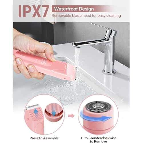 2026 Upgrade Bikini Trimmer for Women, 2 in 1 Electric Shaver with LED Display, IPX7 Waterproof Pubic Hair Trimmer, Rechageable Womens Electric Razor for Armpit Leg Body Facial (Pink)