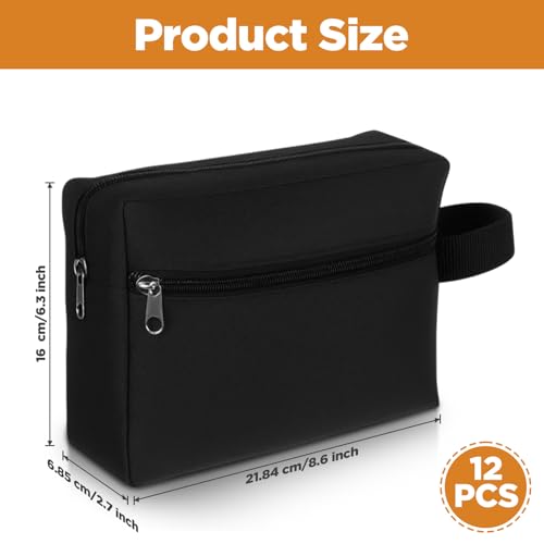 12 Pcs 8.6 x 6.3 x 2.7 inch Black Travel Toiletry Bags Bulk for Women Men Large Water Resistant Shaving Bags Hanging Cosmetic Bag with Handle and Divider Storage Travel Pouch Case