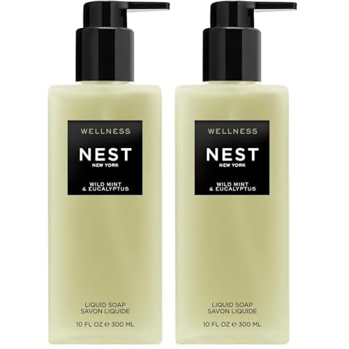 NEST New York Liquid Soap, Wild Mint & Eucalyptus - 10 fl oz - Cleanses & Nourishes Skin - Approx. 300 Pumps Per Bottle - Gluten Free & Cruelty Free (Pack of 2)