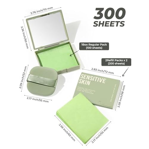 300 Oil Blotting Sheets for Face with Mirror & Puff Set | Oil Absorbing Sheets for Oily Skin | High-Performance Oil Control | Say Goodbye to Greasy | Summer Essentials for Women