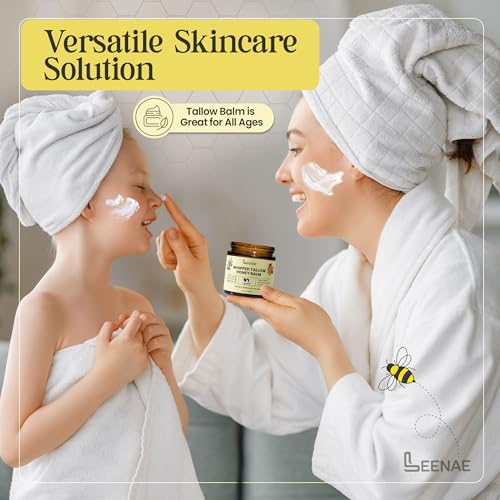 LEENAE Whipped Beef Tallow Moisturizer with Honey ? Grass Fed Tallow Face & Body Balm, Unscented Natural Skin Cream with Olive Oil, 4 oz