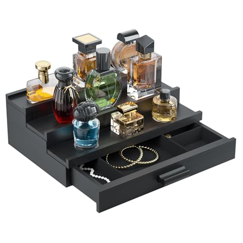 Perfume Cologne Organizer for Men: 3 Tier Wooden Perfumes Stand, Desktop Parfum Holder Wood Display Shelf with Cabinet, Bedroom Dresser Makeup Lotion Jewelry Storage Rack with Drawer